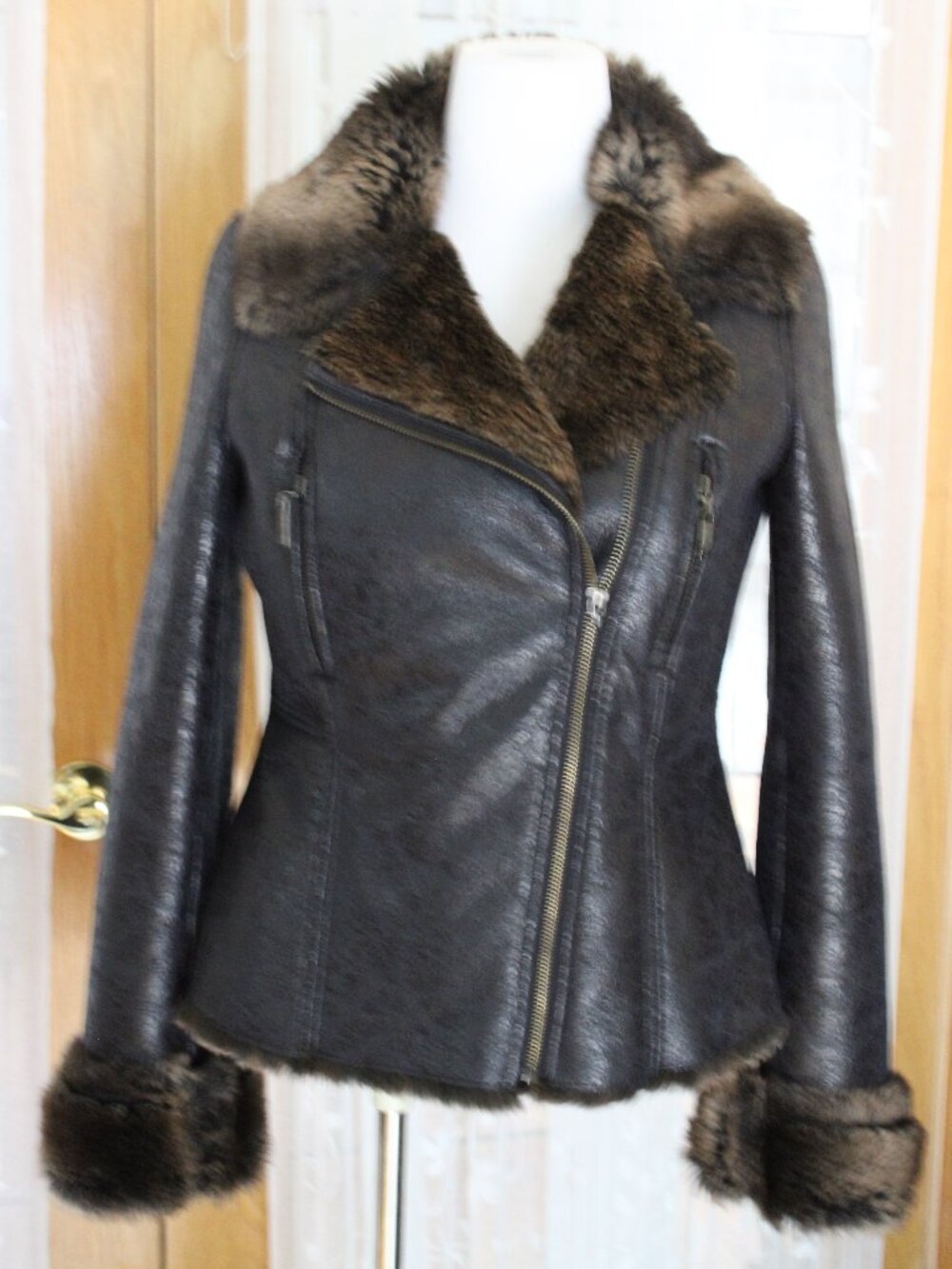 Pasha & Jo Women Jacket Sz L Brown Sherpa Full Lined Double Breasted Zip Pockets